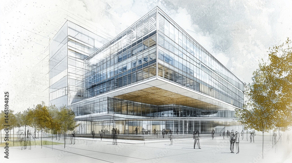 drawing of a modern office building with sustainable design features, made on tracing paper