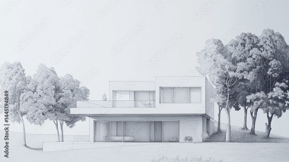 hand-drawn architectural concept of a minimalist residential house, surrounded by trees, created using fine liners