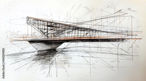 sketch of a modern bridge structure over water, pencil and marker mixed media