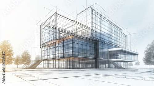 Obraz na płótnie drawing of a modern office building with sustainable design features, made on tracing paper w salonie