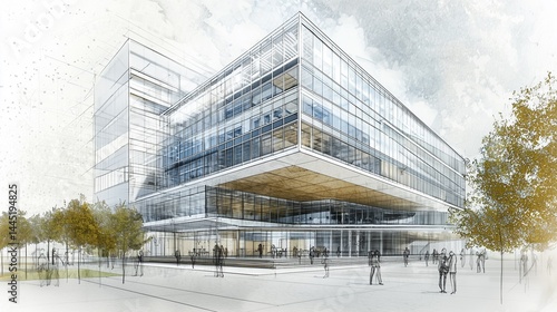 Obraz na płótnie drawing of a modern office building with sustainable design features, made on tracing paper w salonie