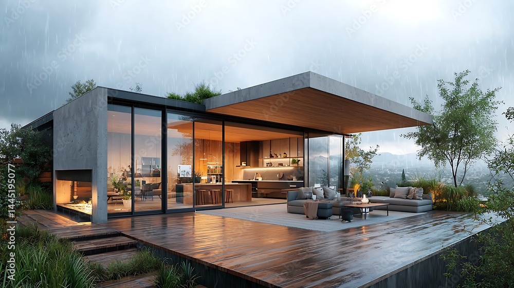 Modern concrete home with open-plan living, rain falling, and lush greenery Modern concrete home with open-plan living, rain falling, and lush greenery