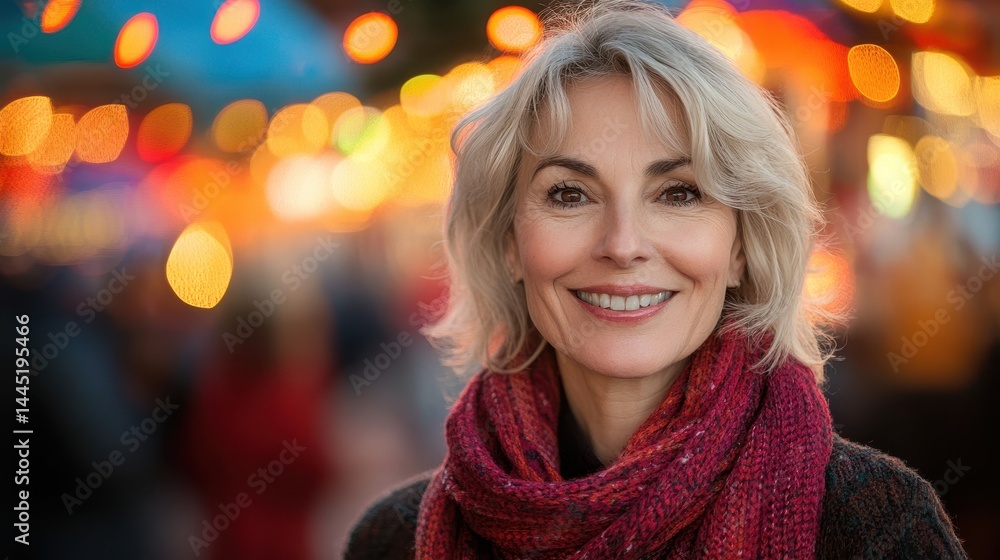 Smiling woman with a red scarf in the bokeh background. Ideal for marketing, holiday events or a warm winter feel. Smiling woman with a red scarf in the bokeh background. Ideal for marketing, holiday events or a warm winter feel.