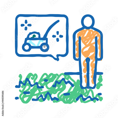 gardener dreaming for lawn mower icon doodle illustration