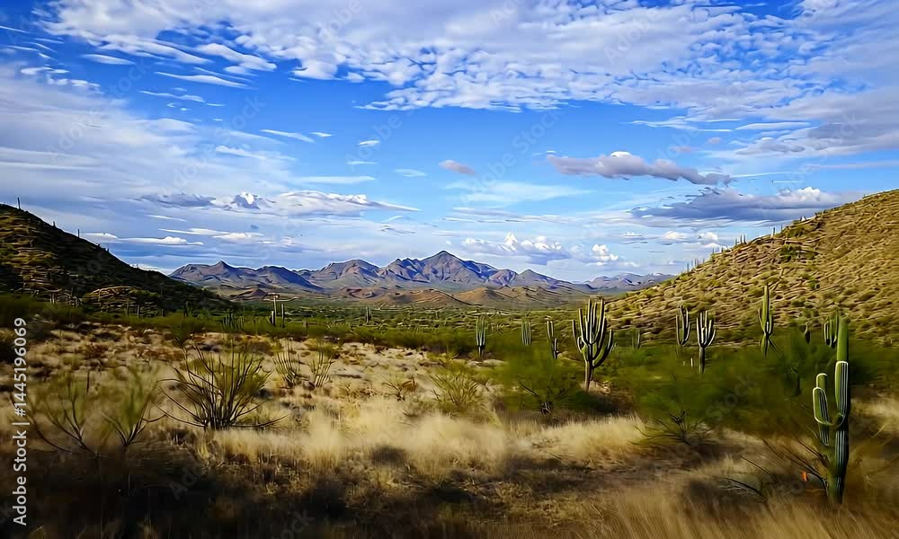Expansive Desert Landscape with Saguaro Cacti, Green Shrubs, Blue Sky and Distant Mountains Under Scattered Clouds in Expansive Desert Landscape with Saguaro Cacti, Green Shrubs, Blue Sky and Distant Mountains Under Scattered Clouds in