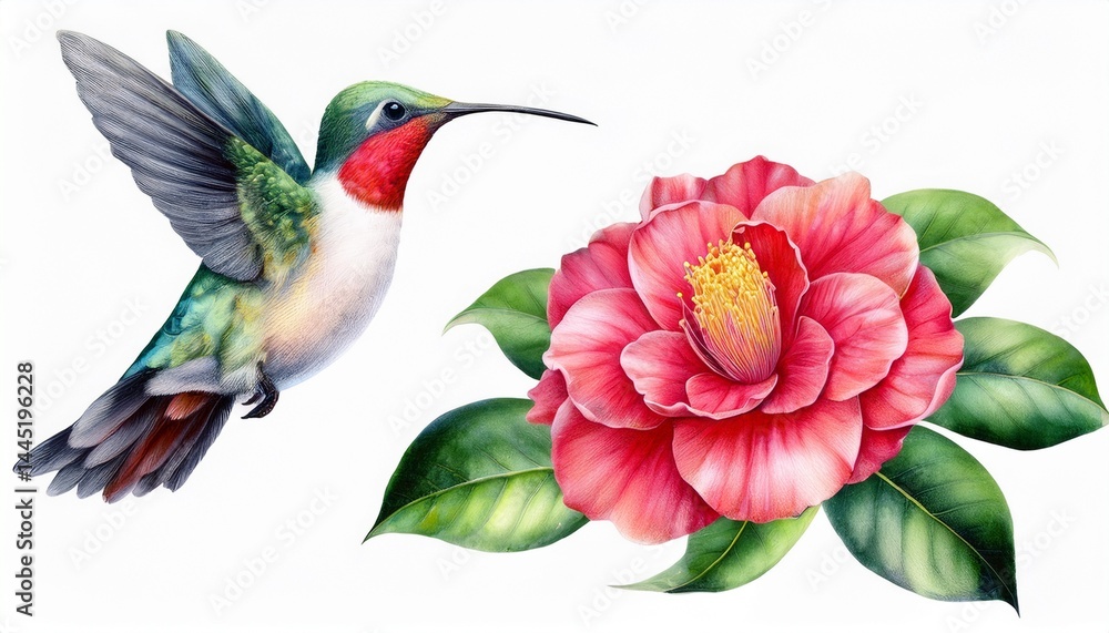 Obraz premium Sea birds. Tropical bird watercolor. Hummingbird and Camellia flower. Botanical illustratio