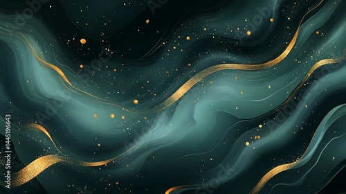 Elegant teal and gold abstract background with flowing lines and subtle glitters