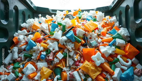pile of waste foam and plastic in bin.non degradable waste that is destroying nature, colorful. with white shades