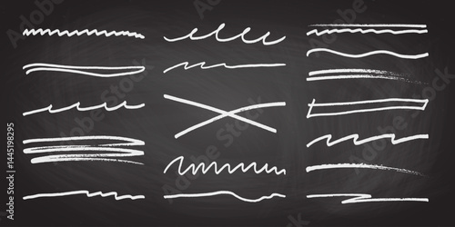 Underline stroke chalk scribbles doodle line collection on chalkboard. Hand drawn outline sketch wave brush mark elements crosshatch rough dividers set for text highlight underline emphasis