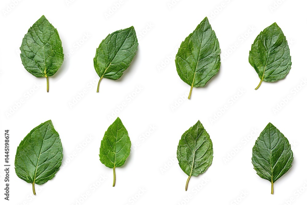 Naklejka premium Fresh Green Mint Leaves Pattern on White Background, Macro Shot of Natural Texture