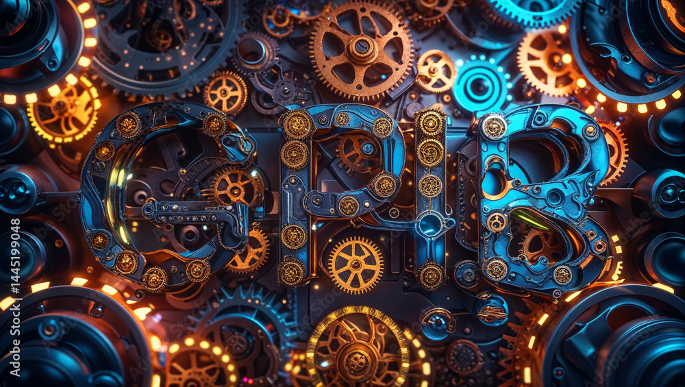 Mechanical gearwork design with steampunk aesthetic displaying the text grib artistically