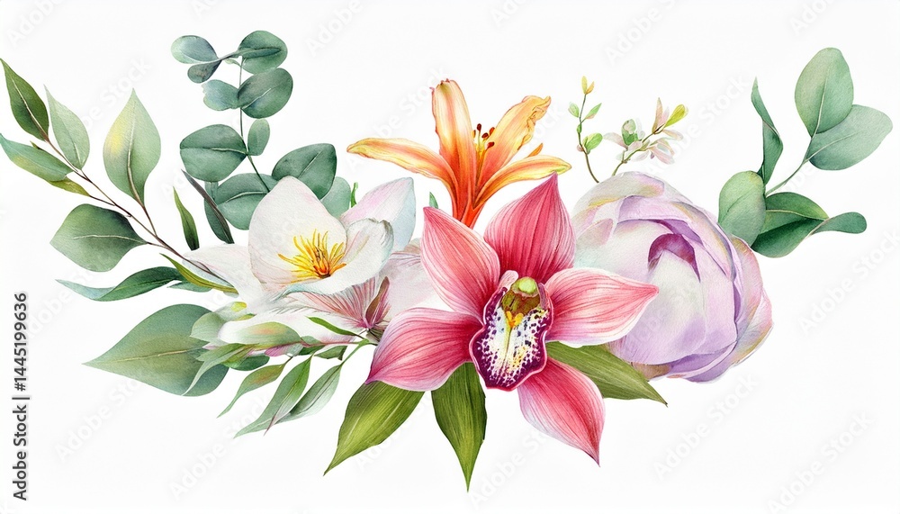 Fototapeta premium Spring flower watercolor floral. Peony, lily, orchid eucalyptus leaves botanical illustrati