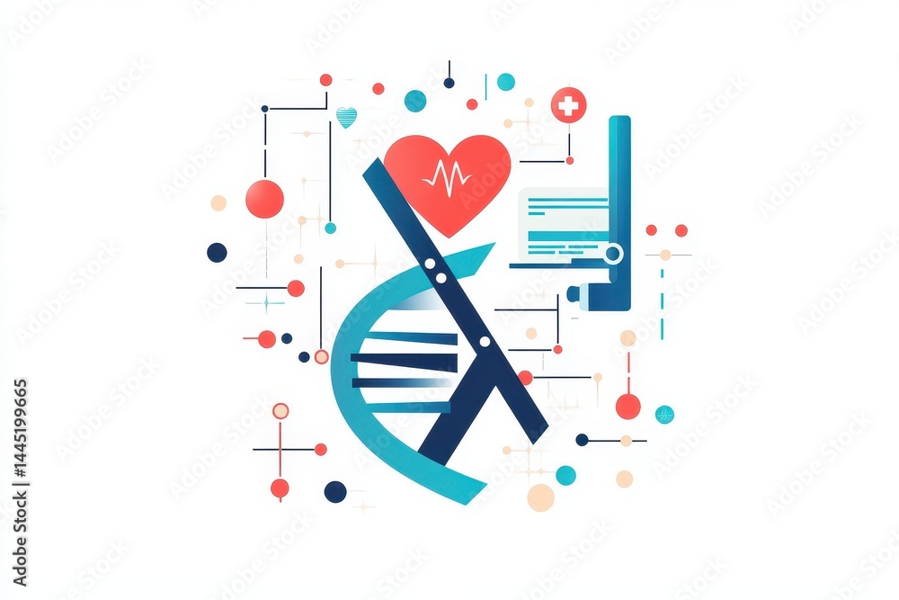 Creative Illustration of DNA Structure with Medical Symbols and Heart Creative Illustration of DNA Structure with Medical Symbols and Heart