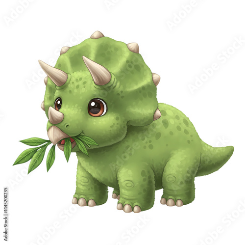 Cartoon Triceratops eating leaves, standing, big eyes, cute
