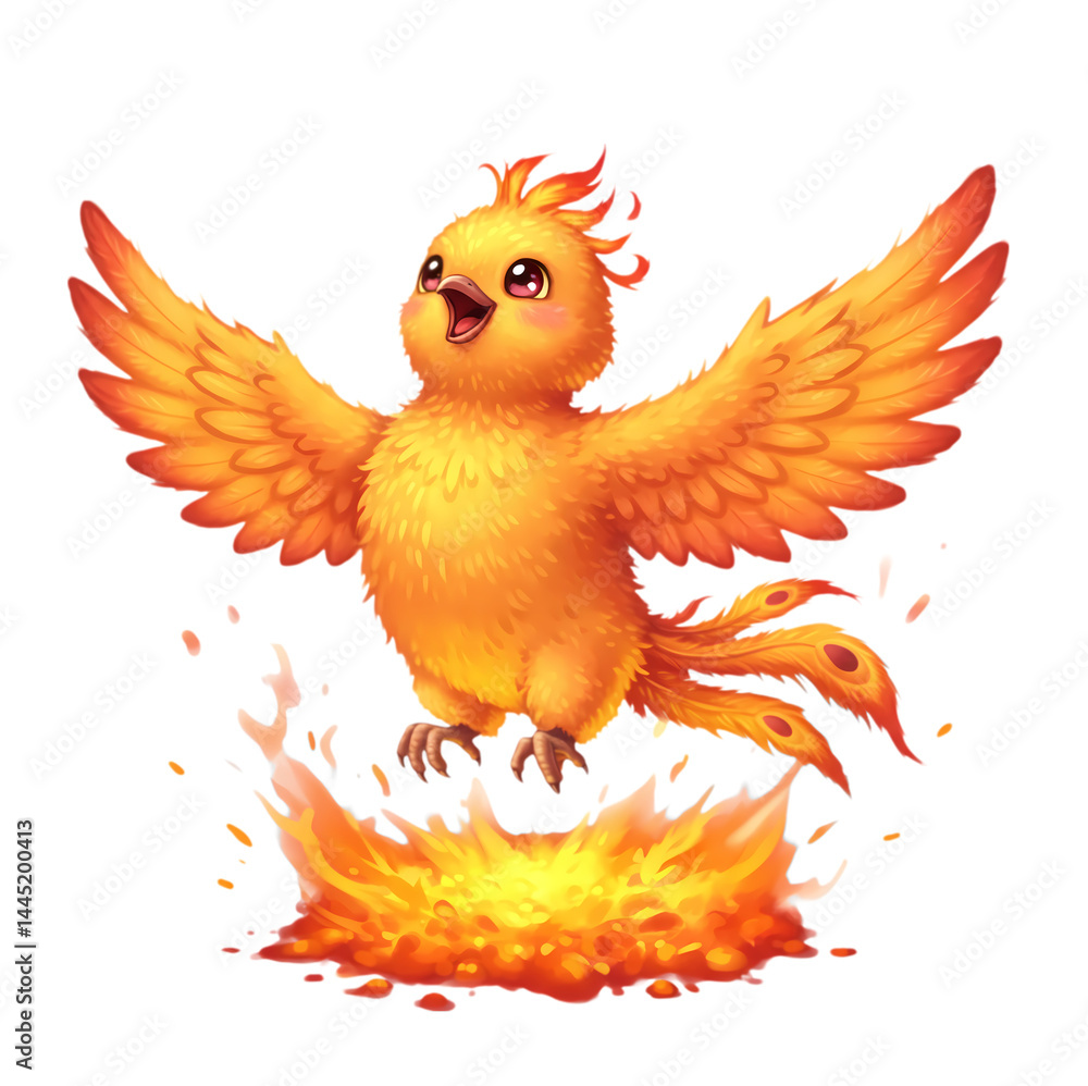Obraz premium Cute cartoon Phoenix bird with fiery wings taking flight.