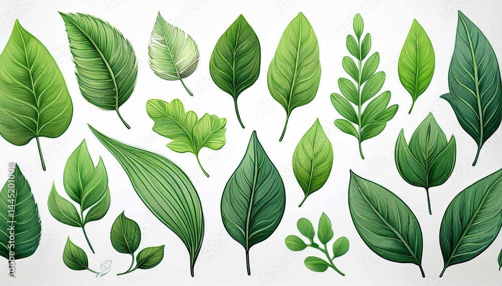 Fototapeta premium Green leaves collection isolated white background, hand painted foliage set floral design,