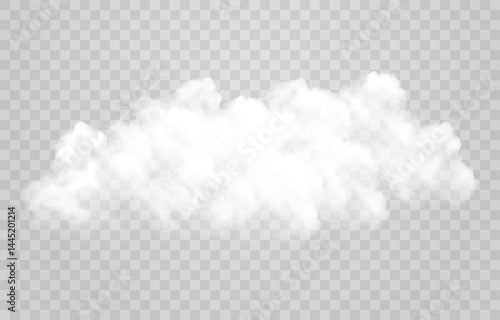 White vector realistic cloud. Vector weather element on png background. Cloud texture, nature sky or foggy nature illustration isolated on transparent background.
