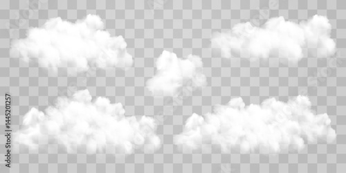 White vector realistic cloud set. Vector weather element on png background. Cloud texture, nature sky or foggy nature illustration isolated on transparent background.