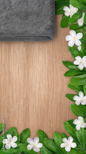 Wallpaper Mural a gray towel and green leaves with white flowers  Torontodigital.ca