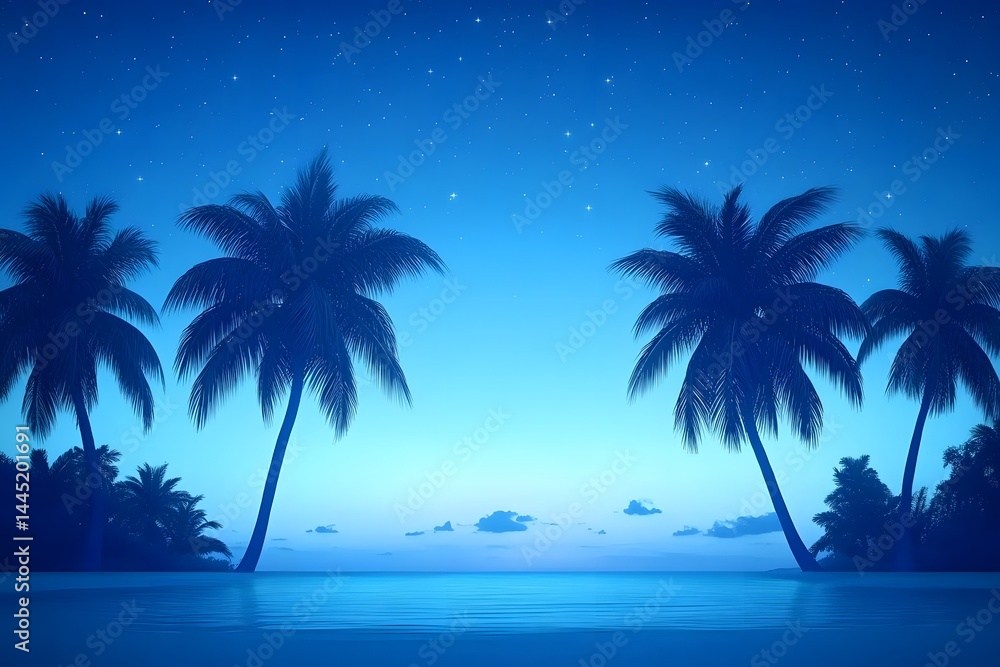 Fototapeta premium Serene Twilight Beach Scene with Silhouetted Palm Trees under a Starry Sky