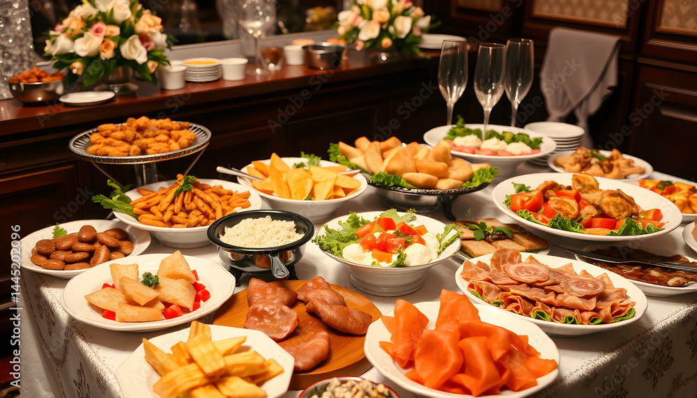 Fototapeta premium delicious dishes on the festive table. different food on the wedding table. the concept of celebrating an important event. buffet table with sandwiches and cold cuts, pop art. with white shades