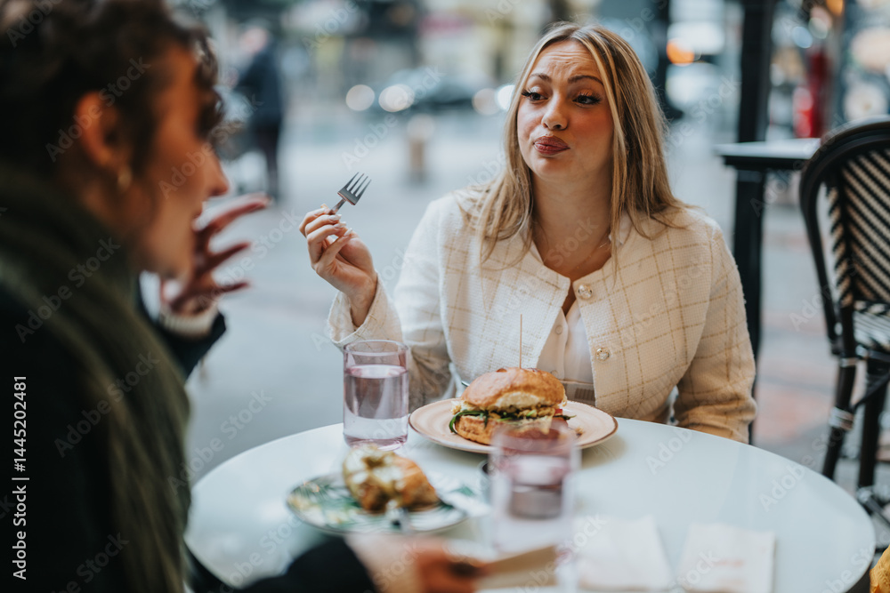 Two women share a meal together at an outdoor cafe, engaging in conversation and enjoying burgers and beverages. Their interaction conveys a sense of companionship, leisure, and appreciation of good Two women share a meal together at an outdoor cafe, engaging in conversation and enjoying burgers and beverages. Their interaction conveys a sense of companionship, leisure, and appreciation of good