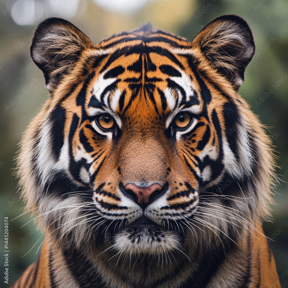 Fototapeta premium A breathtaking closeup of a Bengal tiger its piercing amber eyes staring directly into the camera The intricate details of its vibrant orange 