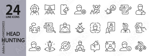 Headhunting line icons set with Recruitment, Candidate, Hiring, Interview, Resume, Employee and more. Editable Stroke