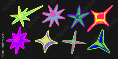 Y2k 3d punk neon colors light chrome halftone stars shape retro abstract vector illustration sticker set. Chrome silver 3d metallic halftone semitone retro effect bright neon color star collection.