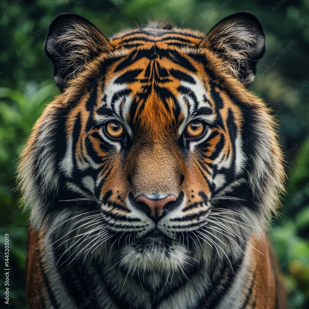 Obraz premium A breathtaking closeup of a Bengal tiger its piercing amber eyes staring directly into the camera The intricate details of its vibrant orange 