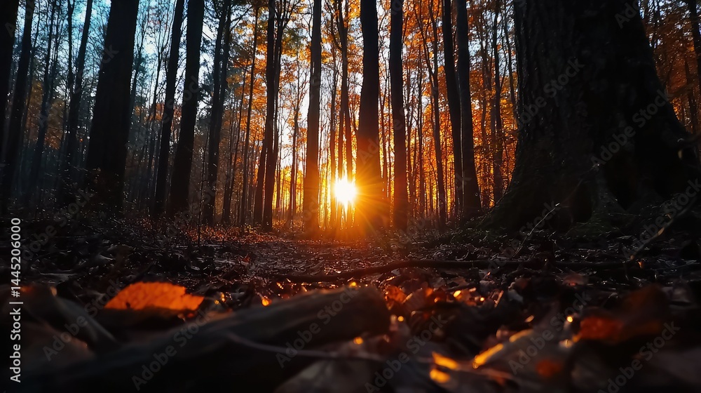 Fototapeta premium Golden sunlight piercing through autumnal forest canopy.