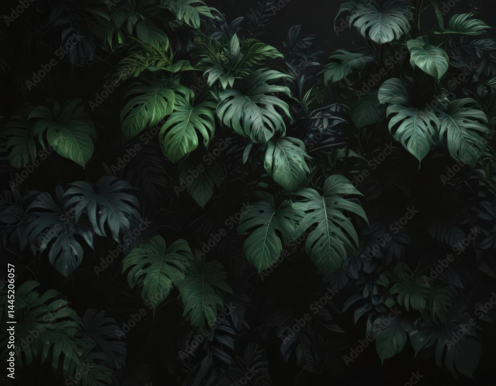 Dark, shadowy tropical foliage creates a dense, mysterious scene Entwined vines and deep green leaves contrast against the black backdrop , photography, shadows, vines Dark, shadowy tropical foliage creates a dense, mysterious scene Entwined vines and deep green leaves contrast against the black backdrop , photography, shadows, vines