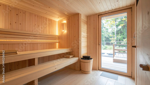 Serene sauna interior featuring natural wood elements, warm lighting, and peaceful atmosphere for relaxation