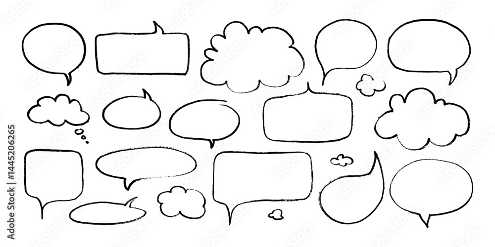 Fototapeta premium Dialogue speech bubbles with pen or crayon chalk doodle emphasis hand drawn style vector illustration set. Chat balloons crayon chalk style various dialogue frames collection hand drawn sketch style.