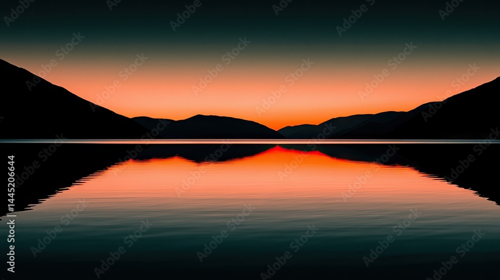 Fototapeta premium Silhouettes of mountains reflected in a calm lake at sunrise.