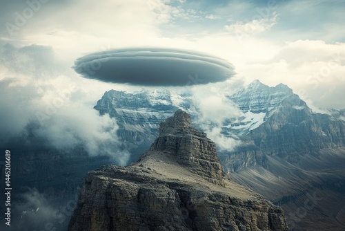 A lenticular cloud formation hovers mysteriously over a majestic, snow-capped mountain range.