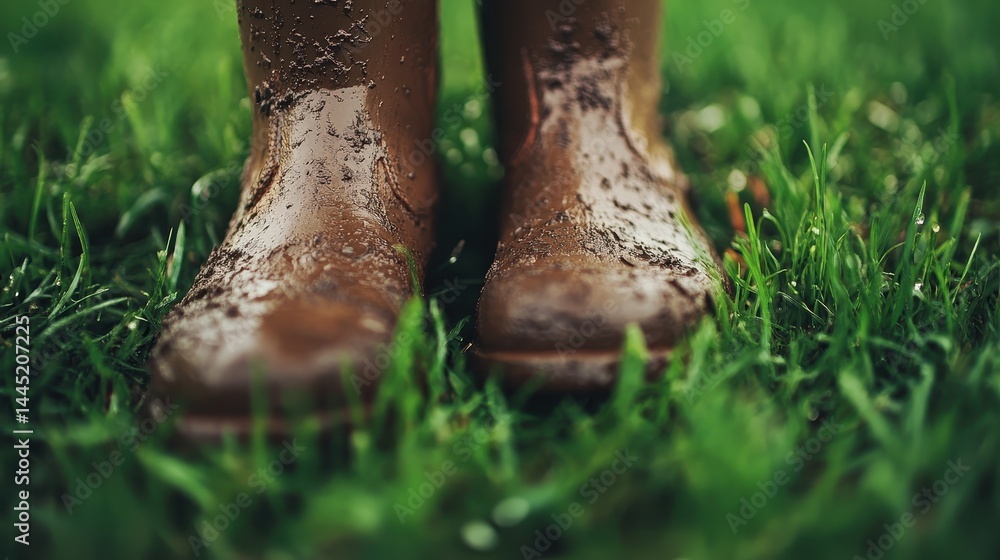 Fototapeta premium Brown rubber boots covered in mud stand on lush green grass. It can represent outdoor fun or a rustic, rural environment.