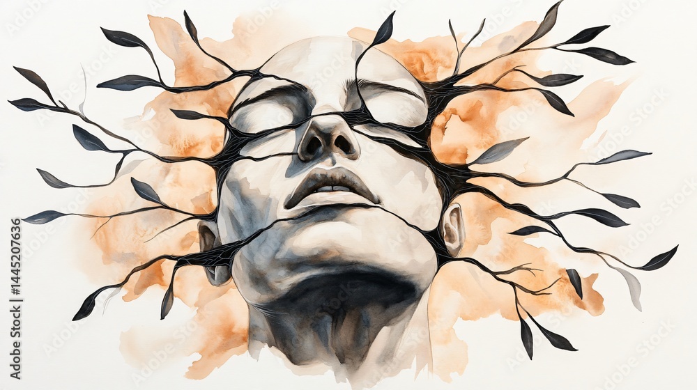A subdued watercolor and ink portrait of a face surrounded by pale olive branches and soft beige wash representing gentle empathy and the capacity to hold space for others’ pain