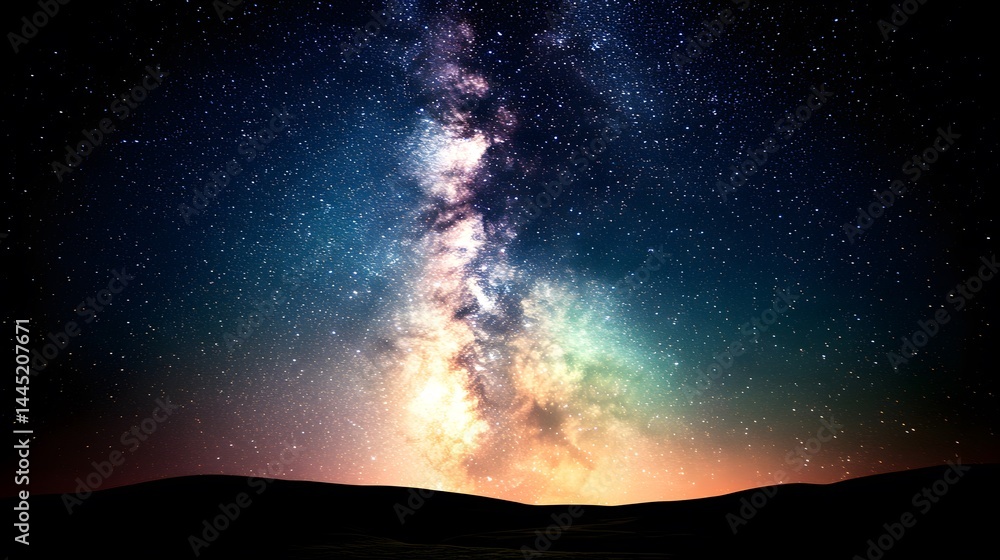 Majestic Night Sky with Milky Way Galaxy over Silhouetted Hills A breathtaking view of the cosmos at night Majestic Night Sky with Milky Way Galaxy over Silhouetted Hills A breathtaking view of the cosmos at night