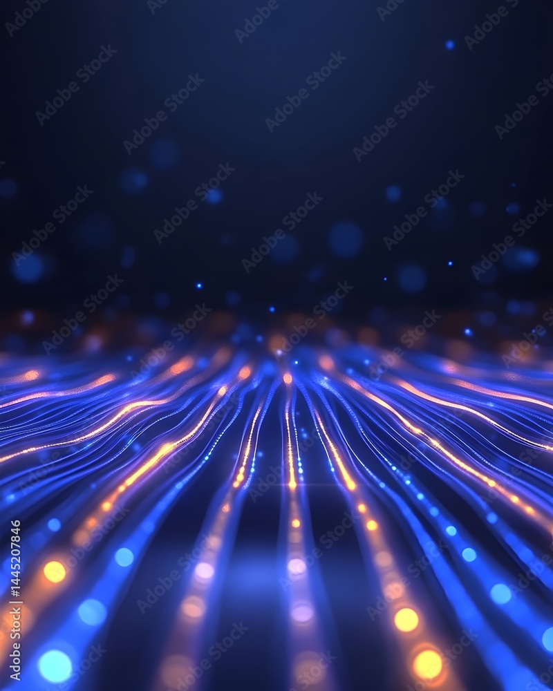 Obraz premium Abstract digital art depicting flowing, luminous lines converging at the viewer, with bokeh effect