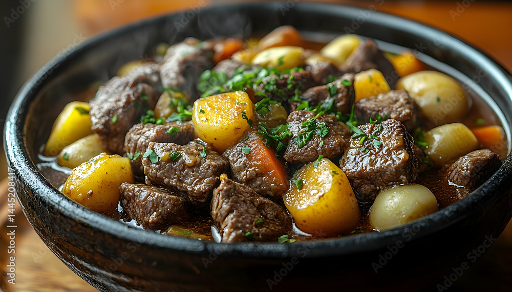 Close up of delicious beef stew with potatoes and carrots in dark bowl Close up of delicious beef stew with potatoes and carrots in dark bowl