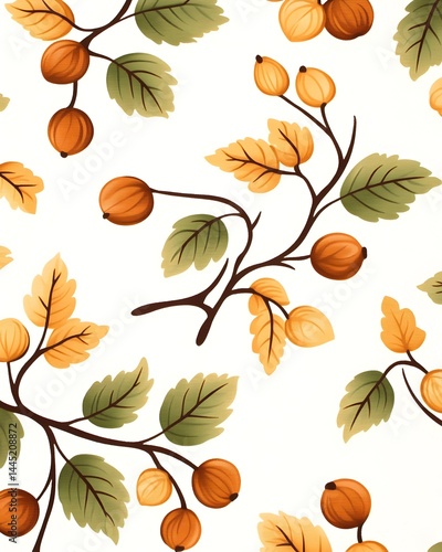 Autumnal floral pattern featuring orange berries and green-yellow leaves on slender branches against a white background