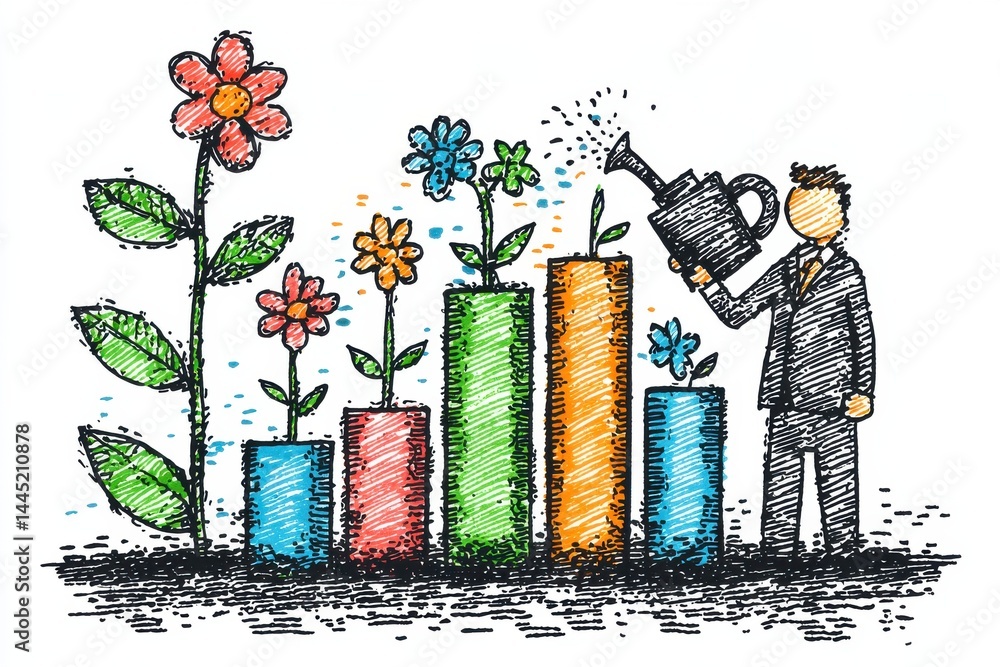 Sketch illustration of business growth through nurturing and progress