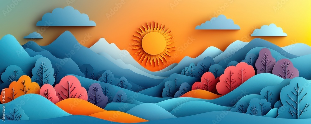 Vibrant landscape crafted in layered paper art with colorful nature details and sky
