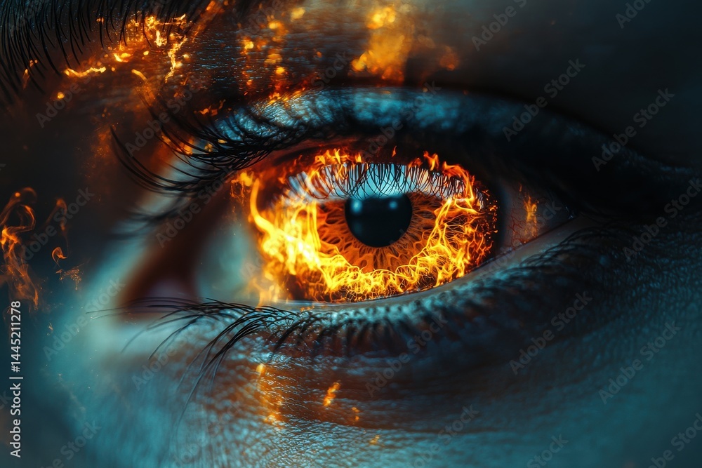 Close-up focus on fiery eye surrounded by a glowing flame effect