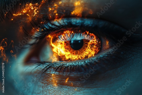 Obraz na płótnie Close-up focus on fiery eye surrounded by a glowing flame effect w salonie