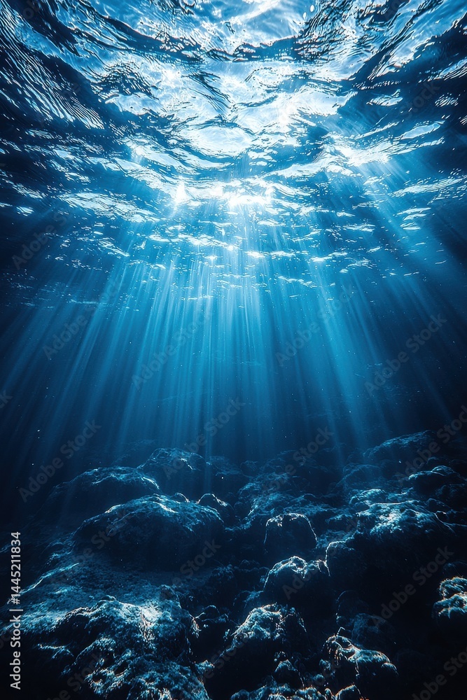 Peaceful underwater view with sunlight streaming into the ocean depths