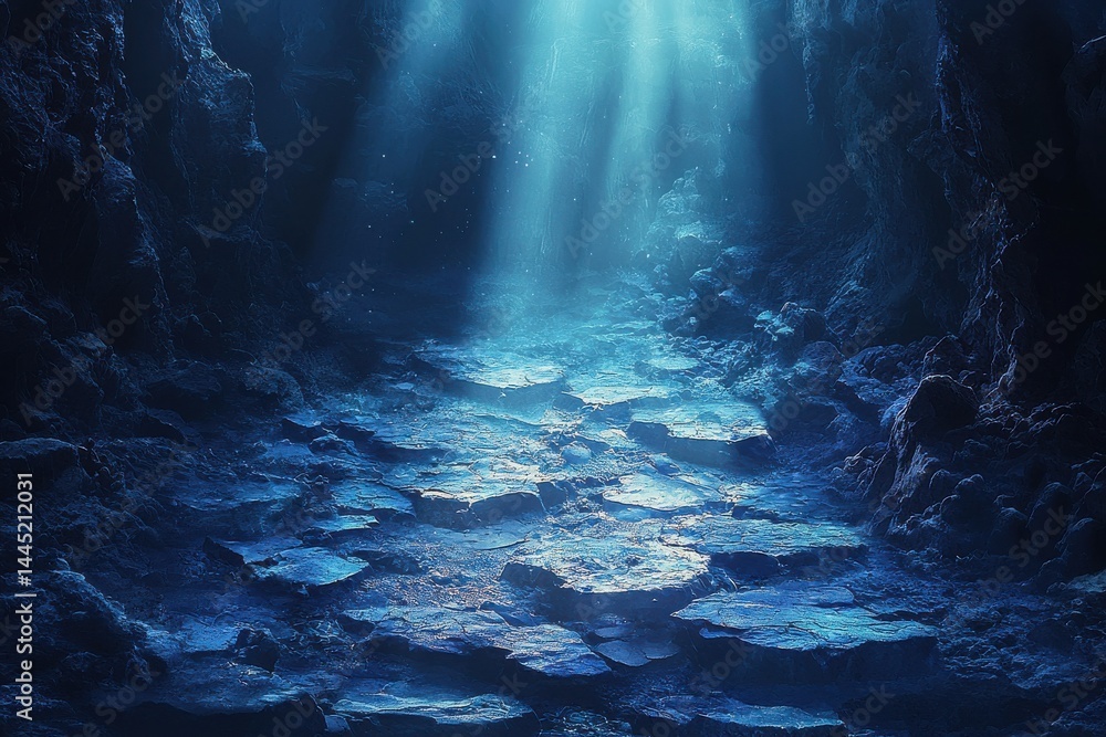 Underwater cave with sunlight rays illuminating rocky blue depths