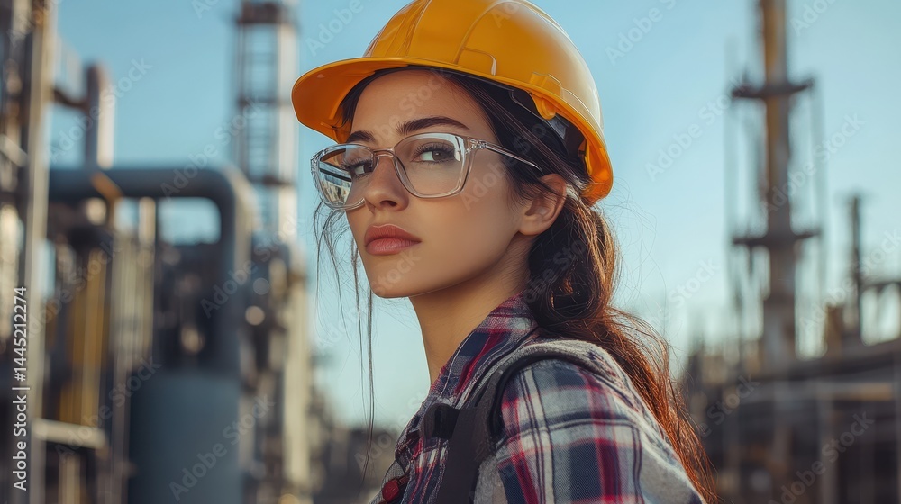 Young woman with hardhat, eyeglasses looks at camera, factory behind. For promoting STEM careers, women in trade, and engineering occupations.