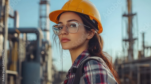 Obraz na płótnie Young woman with hardhat, eyeglasses looks at camera, factory behind. For promoting STEM careers, women in trade, and engineering occupations. w salonie